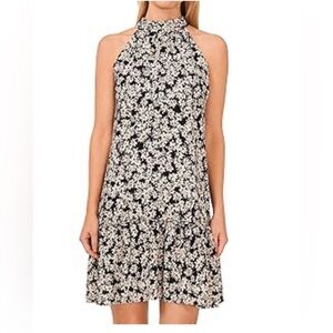 Cece Floral Black and White Daisy High Neck Mini Dress